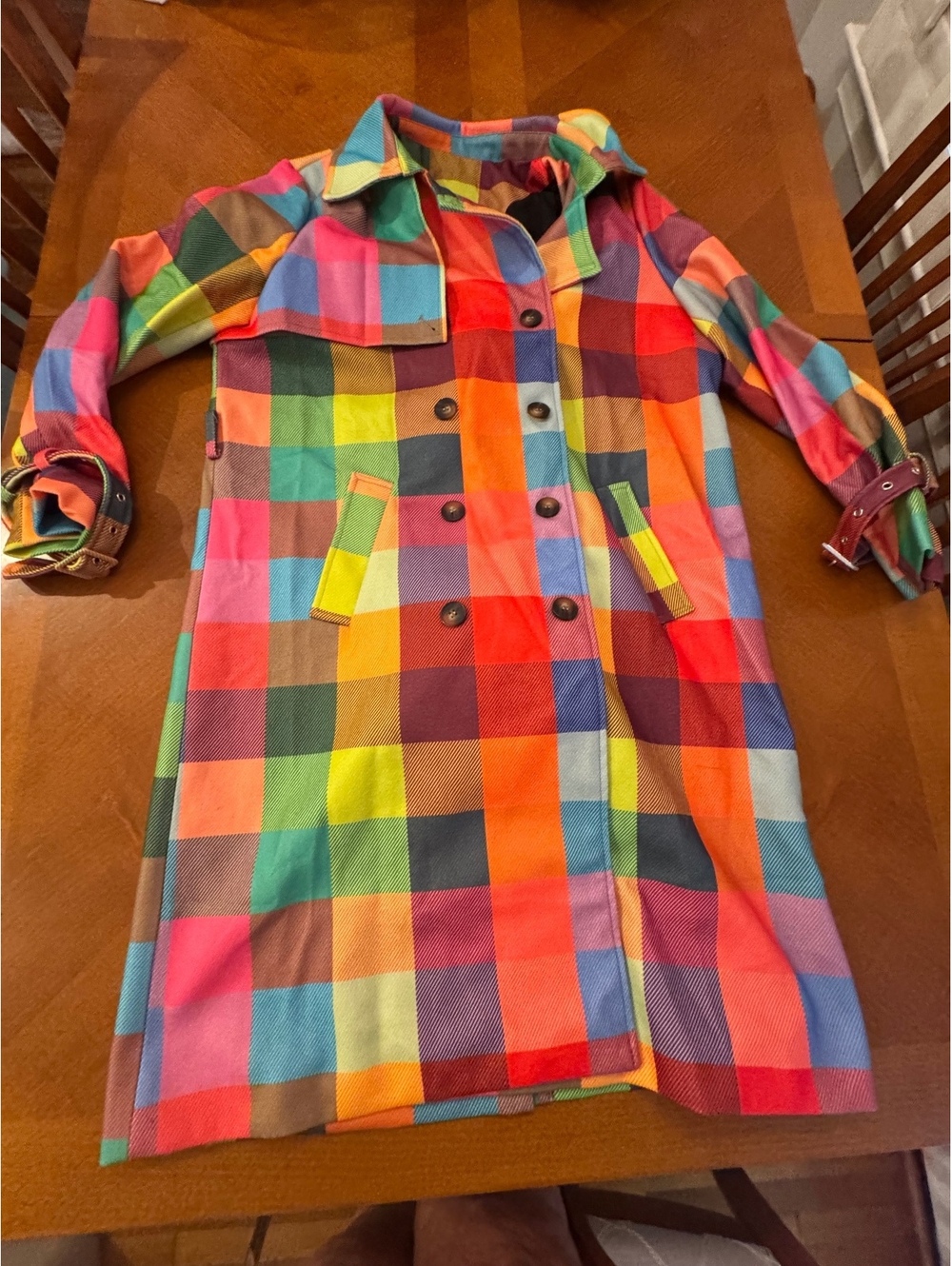 Colorful Plaid Long Coat with Double-Breasted Buttons